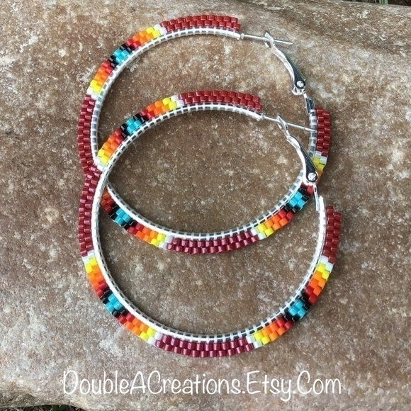 Red with Native Colors Beaded Hoops, New, Handmade by Me - Picture 3 of 8